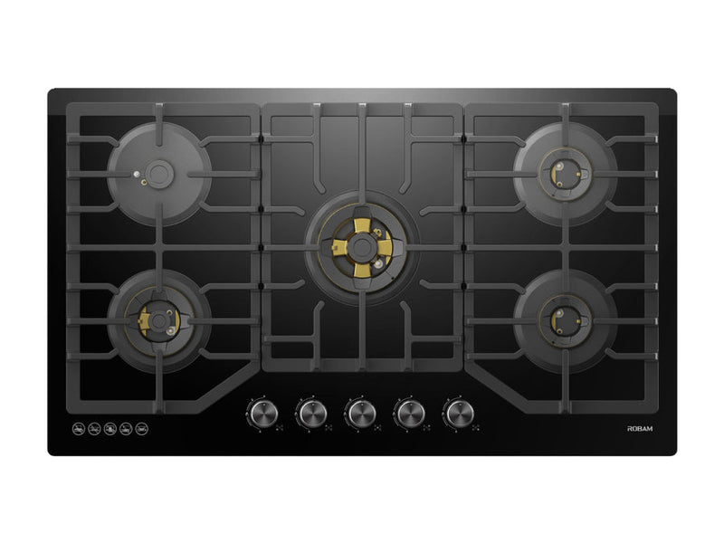 ROBAM Black Gold Series 36 in. 5-Burner 37,200 BTU Gas Cooktop with Brass Burners, Power Burner at 17,000 BTU, Waterproof from Water & Residues, Continuous Grates, Safety Flame Shutoff